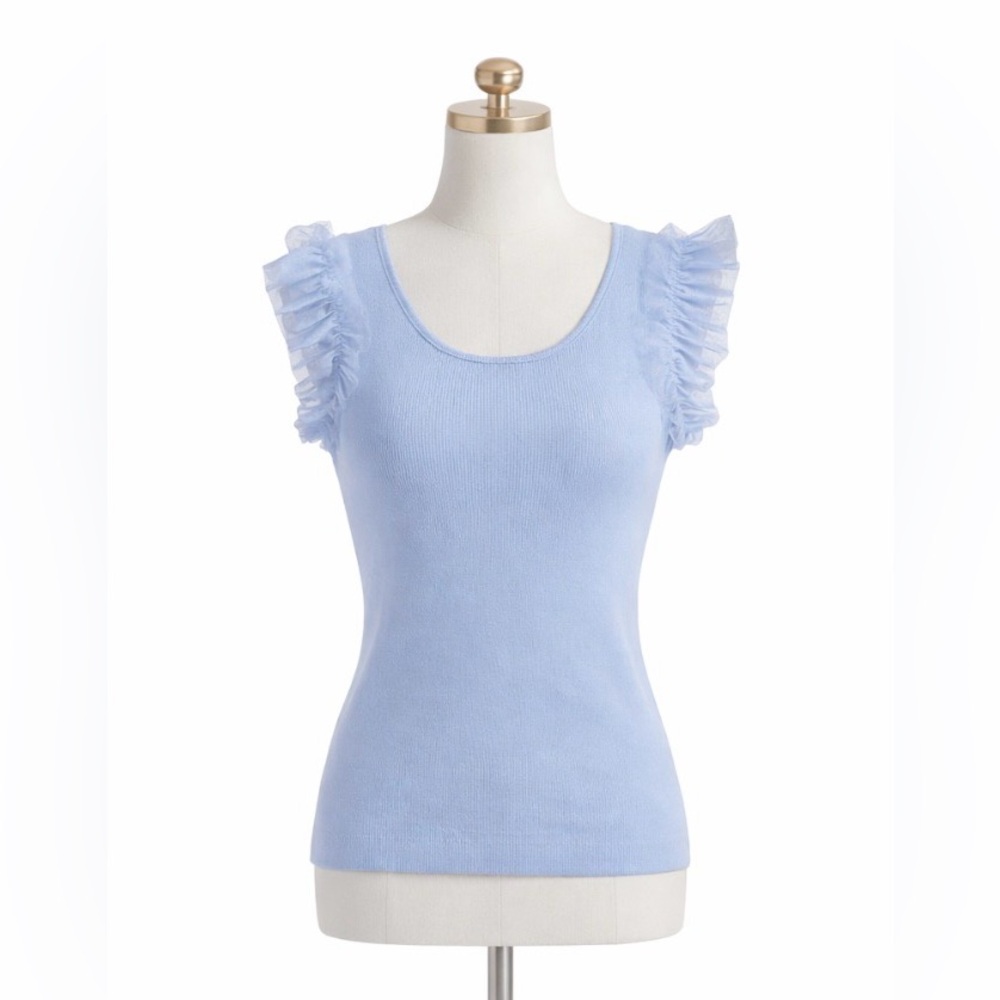 Bailey 44 Jenna Ruffle Sleeve Ribbed Knit Top Baby Blue Size L Luxury NEW